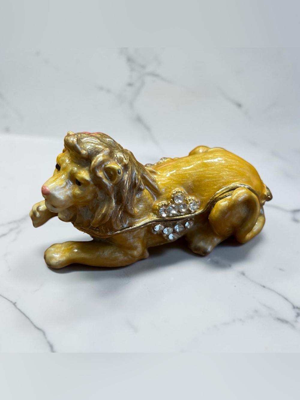 Vintage enamel, gold jeweled lion trinket box